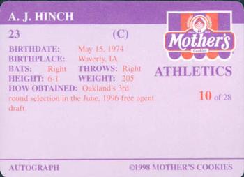 1998 Mother's Cookies Oakland Athletics #10 A.J. Hinch Back