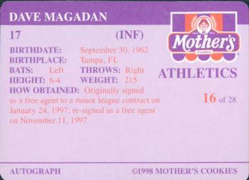 1998 Mother's Cookies Oakland Athletics #16 Dave Magadan Back