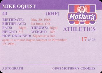 1998 Mother's Cookies Oakland Athletics #17 Mike Oquist Back