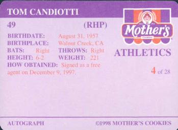 1998 Mother's Cookies Oakland Athletics #4 Tom Candiotti Back