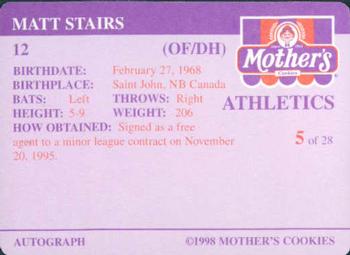 1998 Mother's Cookies Oakland Athletics #5 Matt Stairs Back