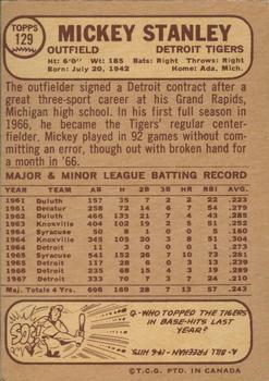 1968 O-Pee-Chee #129 Mickey Stanley Back