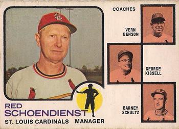 1973 O-Pee-Chee #497 Cardinals Field Leaders (Red Schoendienst / Vern Benson / George Kissell / Barney Schultz) Front