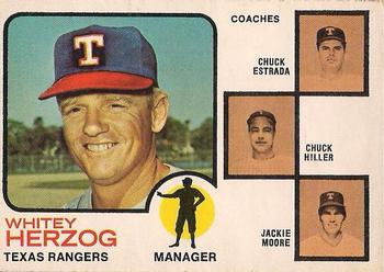 1973 O-Pee-Chee #549 Rangers Field Leaders (Whitey Herzog / Chuck Estrada / Chuck Hiller / Jackie Moore) Front