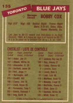 1985 O-Pee-Chee #135 Bobby Cox Back