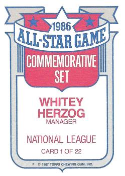 1987 Topps - Glossy All-Stars #1 Whitey Herzog Back