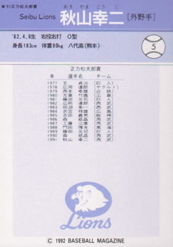 1992 BBM #5 Kohji Akiyama Back