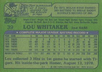1982 Topps #39 Lou Whitaker Back