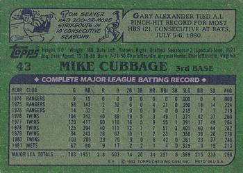 1982 Topps #43 Mike Cubbage Back