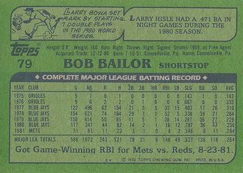 1982 Topps #79 Bob Bailor Back
