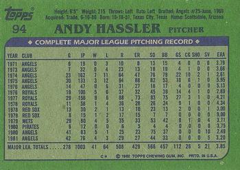 1982 Topps #94 Andy Hassler Back