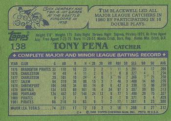 1982 Topps #138 Tony Pena Back