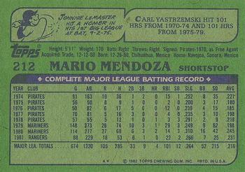 1982 Topps #212 Mario Mendoza Back