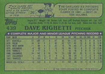 1982 Topps #439 Dave Righetti Back