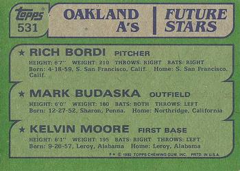 1982 Topps #531 A's Future Stars (Rich Bordi / Mark Budaska / Kelvin Moore) Back