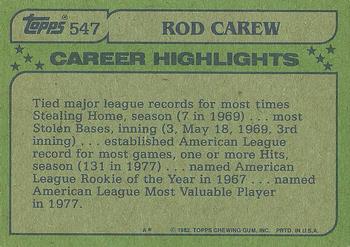 1982 Topps #547 Rod Carew Back