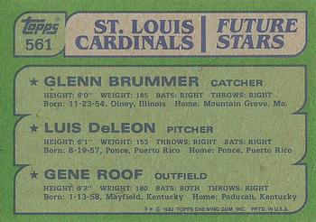 1982 Topps #561 Cardinals Future Stars (Glenn Brummer / Luis DeLeon / Gene Roof) Back