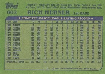 1982 Topps #603 Rich Hebner Back