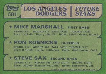 1982 Topps #681 Dodgers Future Stars (Mike Marshall / Ron Roenicke / Steve Sax) Back