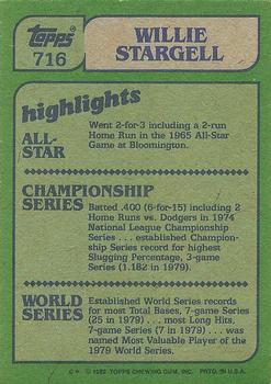 1982 Topps #716 Willie Stargell Back