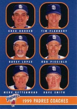 1999 Keebler San Diego Padres #28 Coaches & Checklist (Greg Booker / Tim Flannery / Davey Lopes / Rob Picciolo / Merv Rettenmund / Dave Smith) Front