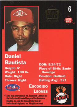 1993 Lime Rock Dominican Winter League - Diamond Stars #6 Daniel Bautista Back