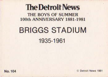1981 Detroit News Detroit Tigers #104 Briggs Stadium Back