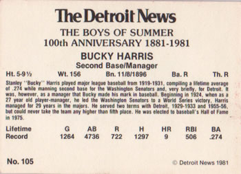 1981 Detroit News Detroit Tigers #105 Bucky Harris Back
