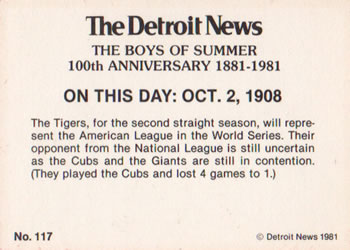 1981 Detroit News Detroit Tigers #117 Tigers Are Home To Prepare For World's Champions Back