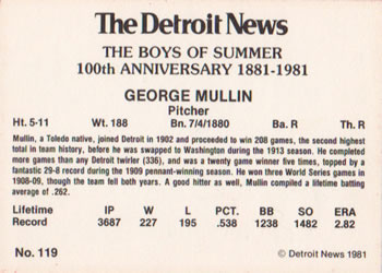 1981 Detroit News Detroit Tigers #119 George Mullin Back