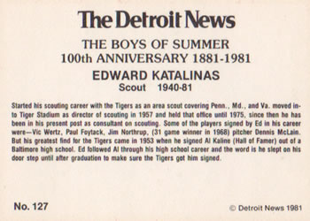 1981 Detroit News Detroit Tigers #127 Ed Katalinas Back