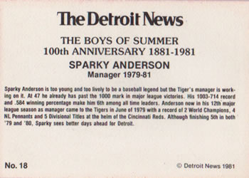 1981 Detroit News Detroit Tigers #18 Sparky Anderson Back