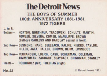 1981 Detroit News Detroit Tigers #22 1972 Tigers Back