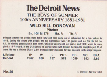 1981 Detroit News Detroit Tigers #29 Wild Bill Donovan Back