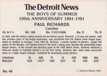 1981 Detroit News Detroit Tigers #40 Paul Richards Back