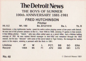 1981 Detroit News Detroit Tigers #48 Fred Hutchinson Back