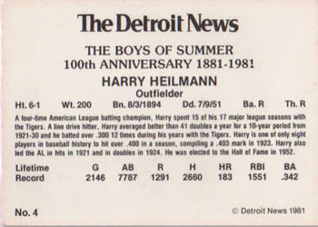 1981 Detroit News Detroit Tigers #4 Harry Heilmann Back