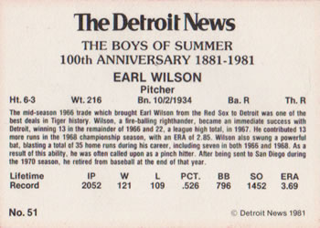 1981 Detroit News Detroit Tigers #51 Earl Wilson Back