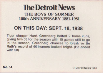 1981 Detroit News Detroit Tigers #54 Hank Greenberg Hits Two Homers to Draw Even Back