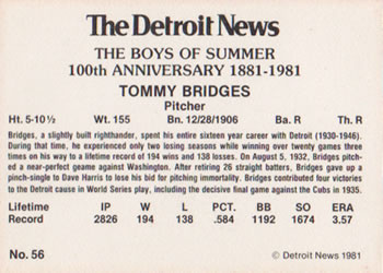 1981 Detroit News Detroit Tigers #56 Tommy Bridges Back