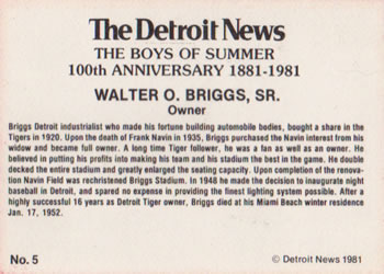 1981 Detroit News Detroit Tigers #5 Walter O. Briggs Back