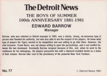 1981 Detroit News Detroit Tigers #77 Ed Barrow Back