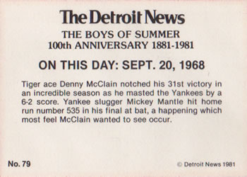 1981 Detroit News Detroit Tigers #79 Denny McLain Sets Record 31 Wins Back