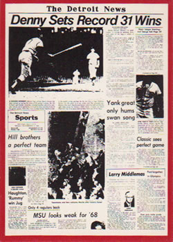 1981 Detroit News Detroit Tigers #79 Denny McLain Sets Record 31 Wins Front
