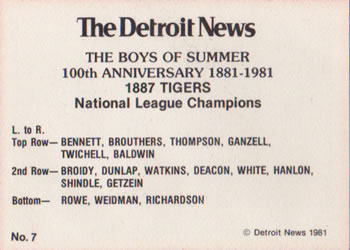 1981 Detroit News Detroit Tigers #7 1887 Tigers Back