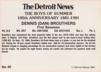 1981 Detroit News Detroit Tigers #80 Dan Brouthers Back