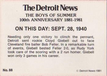 1981 Detroit News Detroit Tigers #88 Floyd Giebell Is Ineligible for Series But ... Back