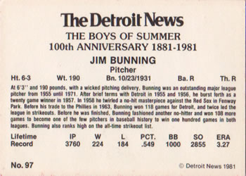 1981 Detroit News Detroit Tigers #97 Jim Bunning Back