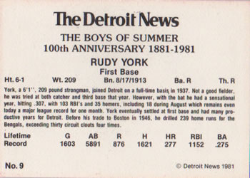 1981 Detroit News Detroit Tigers #9 Rudy York Back