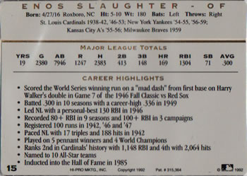 1993 Action Packed All-Star Gallery Series I #15 Enos Slaughter Back